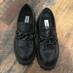 Steve Madden Black Leather Slip-On Loafers with Chain Detail